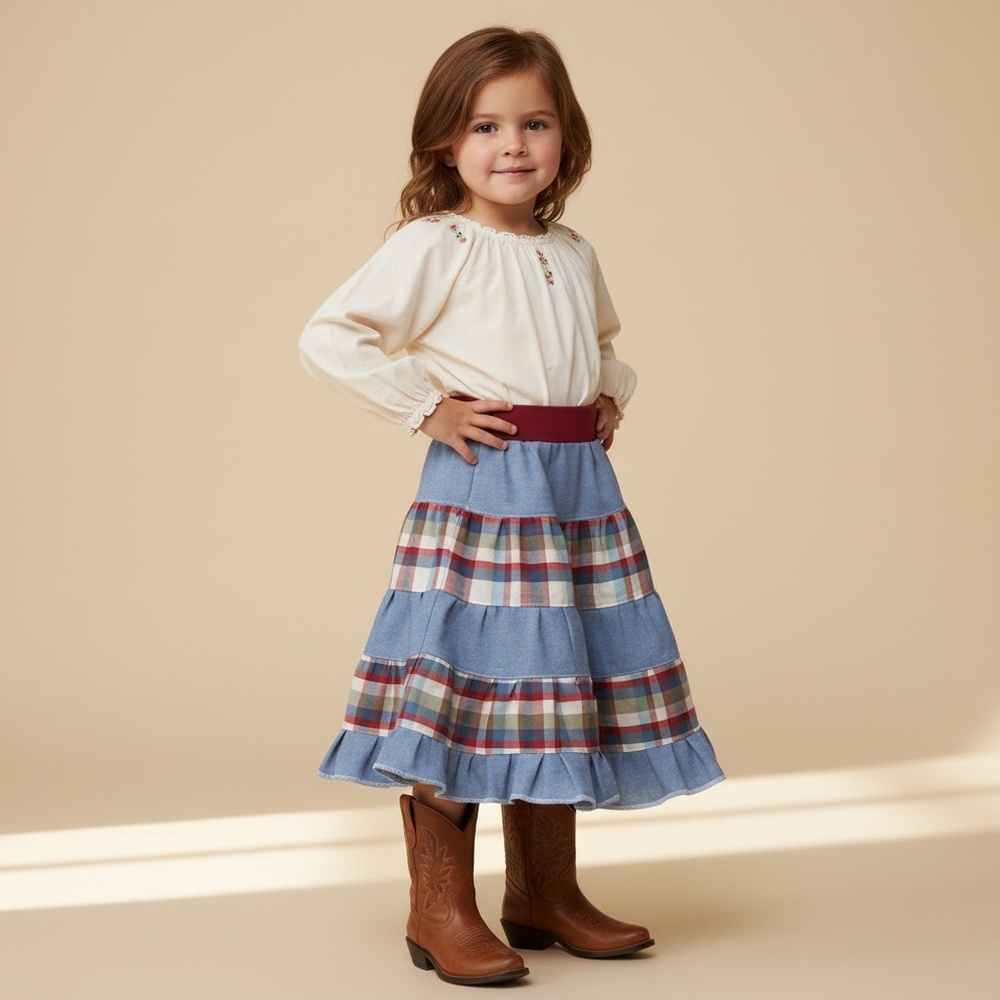 Skirt Girl 2/3 Long Patchwork Multicolor Chambray Ruffle Tier Mom and Pop's Kids